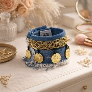 Boho Gold Coin Denim Cuff Bracelet Artisan Tattered Raw Hem Handmade 8-9 Signed